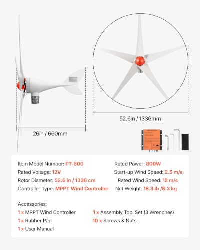 VEVOR 800W 12V Wind Turbine Generator, 5-Blade Wind Turbine Kit with MPPT Controller, High-Efficiency 3-Phase AC Permanent Wind Power Generator for RVs, Boats, Home, Farm (Tower Pole Not Included)