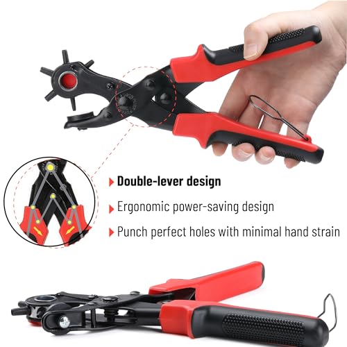 UNCO- Leather Hole Punch Tool Set with 240 Leather Rivets, Red Handle, Multi Punch Sizes, Rotary Belt Hole Puncher for Leathers, Belts, Straps, Pet Collars, Shoes, Saddles, Canvas & DIY Crafts