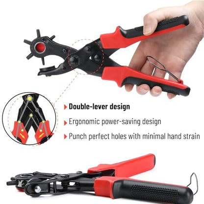 UNCO- Leather Hole Punch Tool Set with 240 Leather Rivets, Red Handle, Multi Punch Sizes, Rotary Belt Hole Puncher for Leathers, Belts, Straps, Pet Collars, Shoes, Saddles, Canvas & DIY Crafts