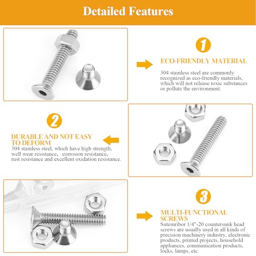 57 Pieces 1/4-20 x 1/2", 3/4", 1", 1-1/4", 1-1/2", Countersunk Head Socket Cap Screws Nuts Assortment Kit - size: 1/4"-20, style: Countersunk Head Socket Cap