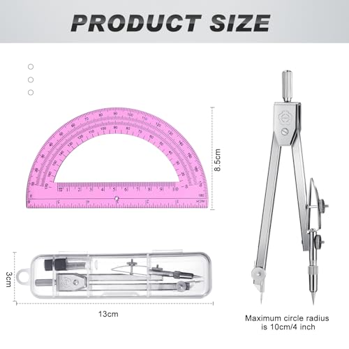 EBOOT Drawing Compass and 6 in Protractor Geometry Set, Pink - color: Pink