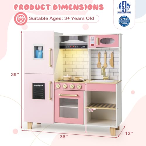 Costzon Kids Kitchen Playset, Wooden Pretend Play Kitchen with BBQ Grill, Ice Maker, Range Hood, Blackboard & Cooking Accessories, Toy Kitchen Set with Lights & Sounds, Gift for Toddlers Ages 3+ - color: Pink