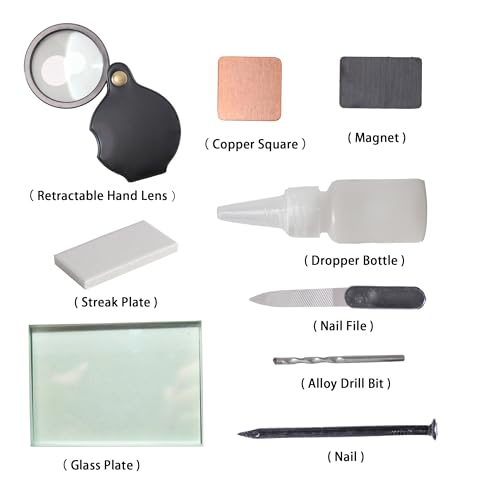 Mineral ID Kit - 9 Pieces - Includes Dropper Bottle, Streak Plate, Glass Plate, Magnet, Nail, Copper Sheet, Retractable Hand Lens, Nail File, Alloy Drill Bit for Geology Classrooms