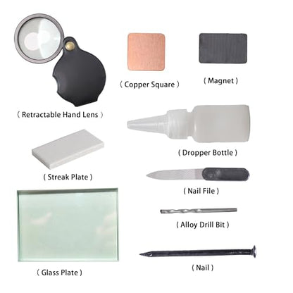 Mineral ID Kit - 9 Pieces - Includes Dropper Bottle, Streak Plate, Glass Plate, Magnet, Nail, Copper Sheet, Retractable Hand Lens, Nail File, Alloy Drill Bit for Geology Classrooms