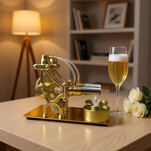 MagicTech Hot Air Stirling Engine Double Cylinder Electricity Power Metal Physics Assembly Model Golden JY43 - size: 6.29 x 3.43 x 4.72 Inch
