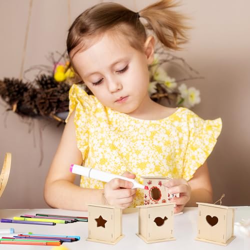 Outus 24 Pcs Wooden Birdhouse Kits for Kids, 4 Shapes Unfinished, Classic
