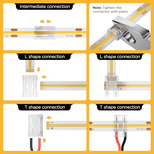 20 Pack 8-in-1 LED Strip Connectors with 6.6FT (2m) 20AWG Wires, for 8mm 2-Pin COB/SMD 2835/3528 LED Strips – Straight, Corner, Strip-to-Strip & Strip-to-Wire