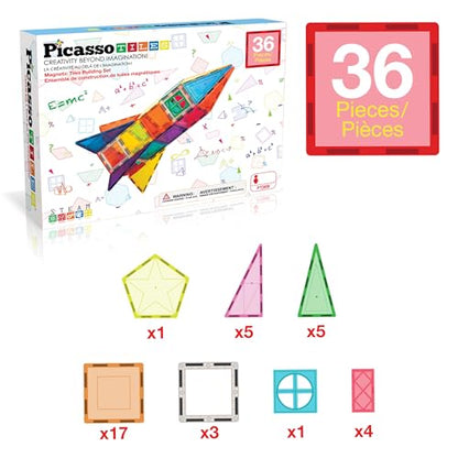 PicassoTiles Magnetic Tiles Rocket Set Construction Toy Magnet Building Block Engineering STEM Learning Child Brain Development Stacking Kit Window Door Playboard for All Ages 3 and Up PT36B