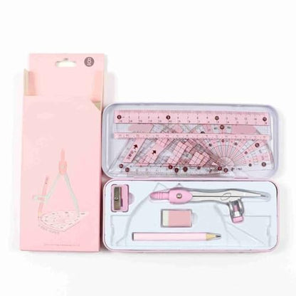 8Pcs Geometry Drawing Kit Multifunctional Easy to Use Math Tools with Compass, Protractor and Rulers in Metal Storage Box(Pink) - color: Pink