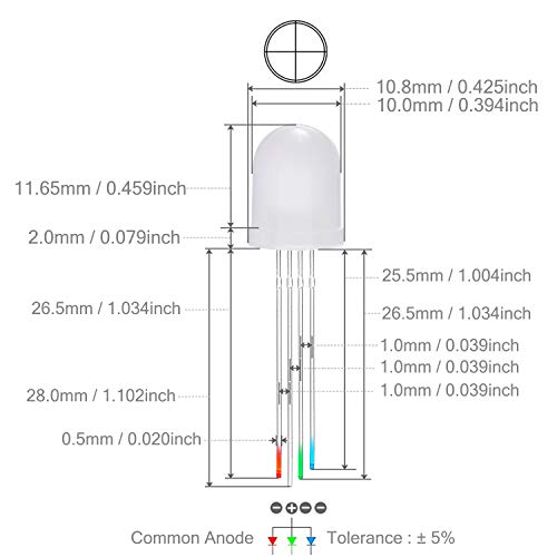 CHANZON 50 pcs 10mm RGB Multicolor Diffused LED Diode Lights Common Anode - color: J) Rgb (Common Anode) (50pcs)