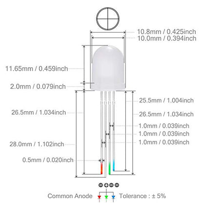 CHANZON 50 pcs 10mm RGB Multicolor Diffused LED Diode Lights Common Anode - color: J) Rgb (Common Anode) (50pcs)