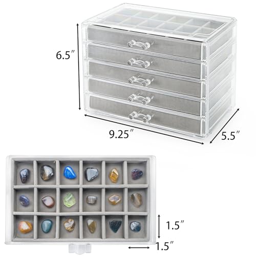 Jucoan Clear Acrylic Rock Display Case, 5 Layer 90 Grids Rock Collection Case with Adjustable Velvet Insert, Mineral Gemstone Storage Organizer Box for Kids Crystals, Rocks Collection