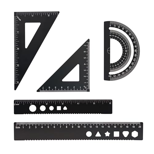 5 Pcs Metal Geometry Set, Math Drafting Ruler Kit- Aluminum Triangle Rulers, Protractor, 8 Inch and 6 Inch Drawing Ruler, Measuring Tool for School and Office (Metric and Imperial, Black) - color: Black