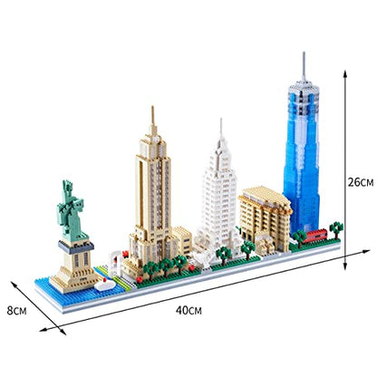 New York Skyline Micro Building Set for Adults, Architecture Model Kit Collectible Display with Statue of Liberty & Empire State Building, Gift for Architecture Lovers and Travel Fans ( 3452PCS )