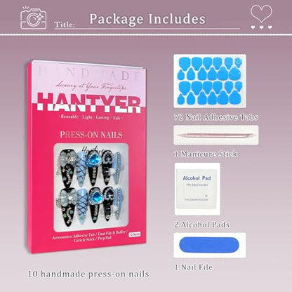 Gothic Blue Press on Nails with Tools Kit, 10pcs Long Stiletto Matte Black & Blue Nails, Blue Rhinestones, Bows & 3D Hand-Painted Art, Reusable & Easy Apply for Night Events (Size S) - color: A129, size: S