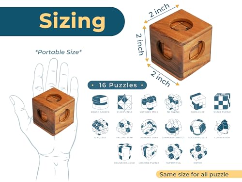 BSIRI 16 in 1 Wooden Brain Teaser Puzzles for Adults and Seniors Interlocking 3D Mini Wood Mind Games Hand Puzzle Teasers Set Toys Coffee Table Games Gift - style: 16 Puzzle Set