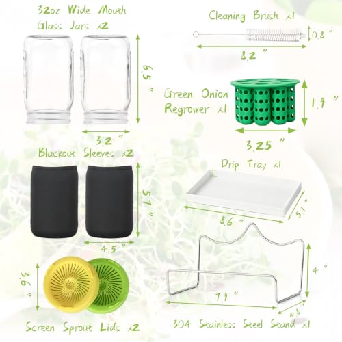 Seed Sprouting Kit & Green Onion Regrower, 2×32 Oz Wide-Mouth Mason Jars, Sprouter Lids, Stainless Steel Stand, Sprout Tray & Light Shield, Ideal for Sprouts, Broccoli, Alfalfa & Microgreens - color: Yellow + Green + Green Onion Regrower