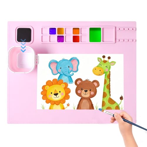 AWOKE Silicone Painting Mat | 20"x16" No-Spill Art Mat with Quick-Attach Magnetic Water Cup, 12 Paint Wells & Palettes | Washable Table Protector for Toddlers & Kids Gifts (Pink) - color: Pink