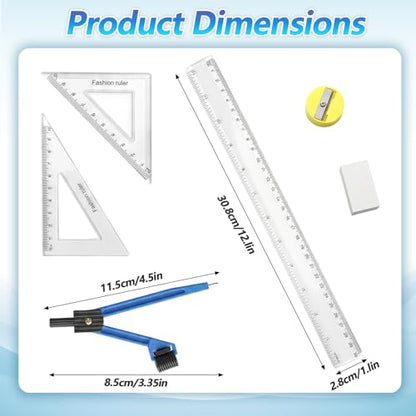 7Pcs Geometry Tool Protractor and Compass Set 12Inch Plastic Ruler