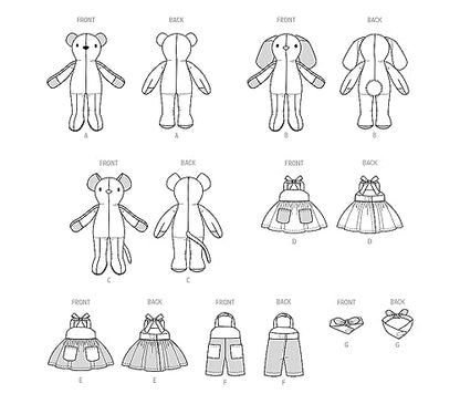 McCall's M8422OS Plush Bear, Bunny and Mouse with Clothes and Headband Sewing Pattern Kit, Design Code M8422, One Size Each