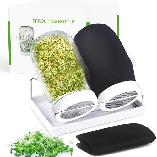 Organic Seed Sprouting Jar Kit – 2 × 32 oz Wide-Mouth Mason Jars with Stainless-Steel Sprouter Lids & Stand, Blackout Sleeves, Drain Tray – Grow Broccoli, Alfalfa & Bean Microgreens - color: White