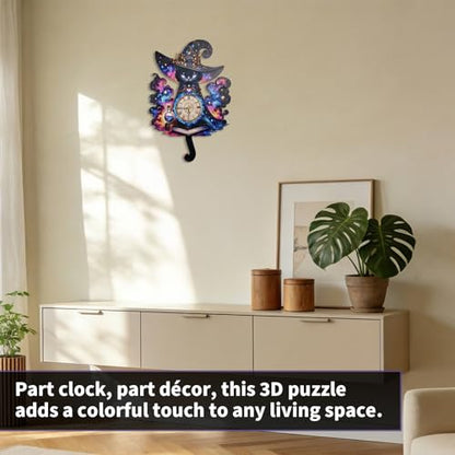 3D Wooden Puzzle Clock DIY Mechanical Model Kit, Wooden Desk & Wall Clock with Pendulum, Adult Crafts Model Clock Kit, Laser Cut Wood Assembly, Fantasy Cat Wizard Galaxy Decor, Unique Gift