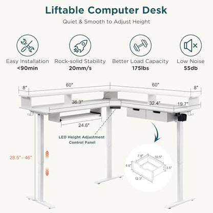 RedLemon 60 Inches L Shaped Electric Standing Desk 2 Tier, Antique White - color: Antique White, size: 60"X60"
