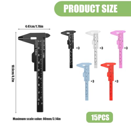 15 Pcs Plastic Vernier Caliper, 80mm/3.15" Eyebrow Measuring Tool, Mini Sliding Ruler Caliper Gauge for Students DIY Crafts School Office Tattoo Eyebrow Artists Use (5 Color, 0-3.15"/0-80mm) - color: 5 colour(15pcs)