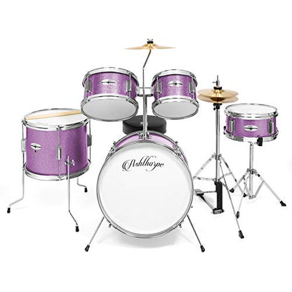 Ashthorpe 5-Piece Complete Kids Drum Set with Genuine Brass Cymbals - Junior Beginner Kit with 16" Bass, Throne, Hi-Hats, Pedals & Drumsticks - Purple - color: Purple