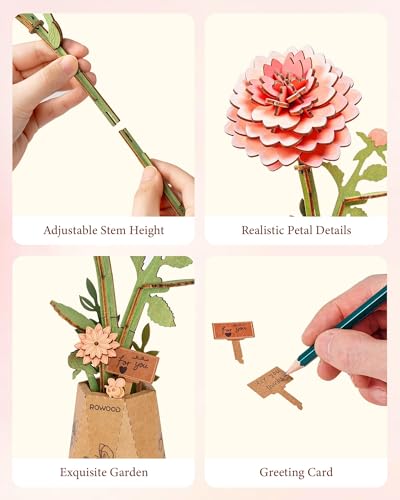 Rowood 3D Puzzle,Mother's Day DIY Wooden Flower Building Craft Kits for Adults,Botannical Collection Home Decor,Christmas/Birthday/Teacher's Day/Valentine's Day Gift- Pink Dahlia - style: Pink Dahlia