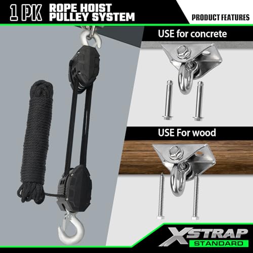 XSTRAP STANDARD 50 Feet Rope Hoist, Heavy-Duty 2000LB Break Wheel Block - color: 50 Ft+ Black+1 Swing Hanger