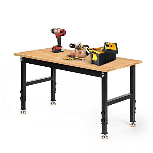 Betterhood 48" Heavy-Duty Adjustable Workbench for Garage, Rubber Wood Shop Table W/Rubber Pads, Hardwood Workstation Weight Capacity Over 2000 Lbs - size: Rubber Pad / 48"x23.6"x37"