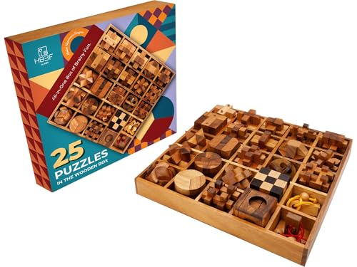 BSIRI 25 in 1 Wooden Brain Teaser Puzzles for Adults and Teens Interlocking 3D Mini Wood Mind Games Hand and Mind Puzzle Teasers Assembly & Disentanglement Set Toys Coffee Table Games Gift - style: 25 Puzzle Set