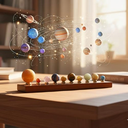 Luxury Handcrafted Solar System Model with Semi-Precious Stones – Sun, Earth & Moon Planet Display on Rosewood Base | Astronomy Art Desk Decor (Sun & 9 Planets)