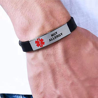 KunBead Medical Alert Bracelets for Women Adjustable Stainless Steel Silicone Emergency Awareness Medical ID Bracelet Wristband - style: NUT ALLERGY