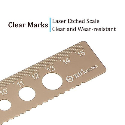 3pcs Straight Ruler - [ 15cm ] Wave Edge with Hollow Circle Metric Measuring Tool for Home Classroom Office Use | Aluminum Alloy, Wood Brown - color: Wood Brown