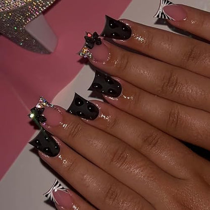Duck Press on Nails Black Fake Nails French Tip False Nails Press on with 3D Texture and Bow Charm Design Acrylic Nails Glossy Duck Glue on Nail 24Pcs Artificial Manicure for Women - color: Style-A15