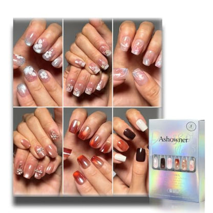 6 Packs (144 Pcs) | Reusable Press on Nails | cute nails | 6-Style Bundle | 12 Sizes | Each Style 24 Pcs | Blush Pink Bow Cat Eye - color: Blush Pink Bow Cat Eye
