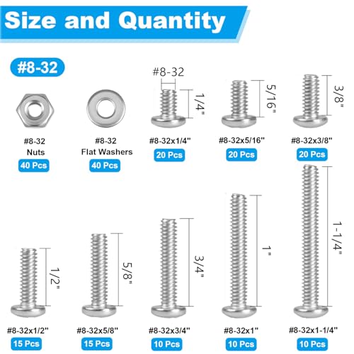 200pcs #8-32 Phillips Pan Head Machine Screws Nuts Washers Kit - size: #8-32