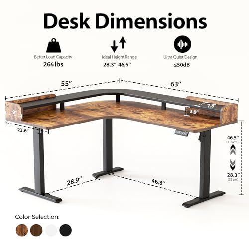 Agilestic L Shaped Standing Desk with Monitor Shelf, 63 Inch, Rustic Brown - color: Rustic Brown, size: 63x55 Inch with shelf