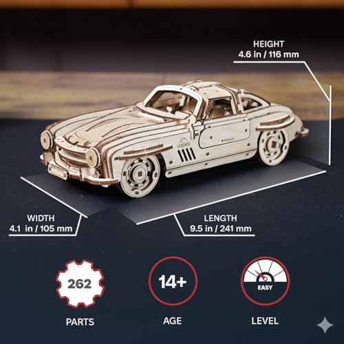 Ugears Winged Sports Coupe 3D Puzzle - 3D Wooden Puzzle for Adults with Double Doors - 1:24 Sports Car Model Kits Wooden Model Kits for Adults to Build Gift for Father's Day - 262 Pieces - style: Winged Sports Coupe