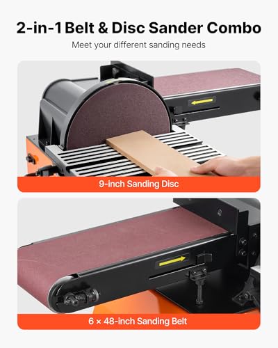 VEVOR Professional Belt Sander with Stand, 9" Disc & 6" x 48" Belt Sander Combo, 800W Sanding Machine with 0-45° Adjustable Worktable for Woodworking, Furniture Refinishing, Knife Sharpening - size: 9" Disc & 6" x 48" Belt Sander Combo