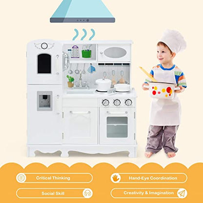 Costzon Kids Kitchen Playset, Wooden Toddlers Toy Kitchen with Light & Sound, Microwave, Ice Maker, Oven, Sink & Faucet, Cooking Accessories, Pretend Play Kitchen, Gift for Boys Girls Age 3+ - color: White