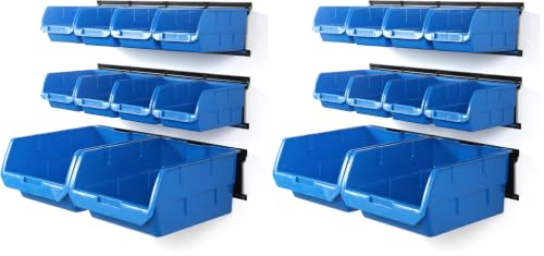 Wallmaster Wall Mounted Storage Bins, Wall Storage Bins Parts Rack 10 Bins&3 Rails Wall Mount Tool Organizer Hardware Storage Organizer (Blue) (Pack of 2) - color: Blue, size: 10Bins+3Rails (Pack of 2)