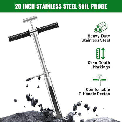 20 Inch Soil Sampler Probe, Stainless Steel Soil Core Sampling Tool with T-Handle, Heavy Duty Soil Probe for Lawn, Garden, Farm & Soil Testing - size: 20 inch
