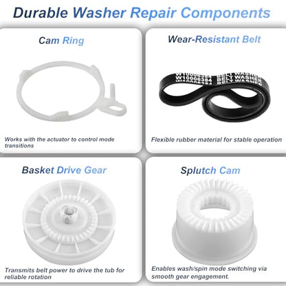 W10721967 Washer Pulley Clutch Kit with W10006384 Drive Belt, Splutch Cam Kit Replacement for Whirlpool Maytag Kenmore Amana Top Load Washers, Replaces AP5951296 W10006356 W10315818 PS10057144