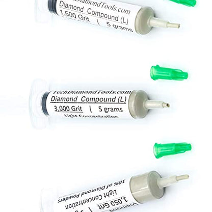 TechDiamondTools Diamond Polishing Paste Kit — 3 Grits (1050, 1500, 3000) | USA Made | Oil-Based Syringes | Progressive Polishing Set for Metal, Glass, Gemstone, Knife, Jewelry | 10% Diamond Powder - size: 1050 1500 3000 Grit, style: Light 10% concentrati