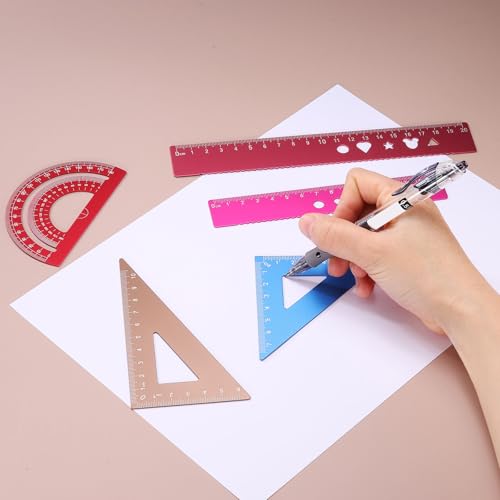 HARFINGTON 8pcs Triangular Ruler Set 20mm Aluminum Geometric Protractor Triangle Engineering Scale Drafting Ruler Kit for Office Home, Blue Red - size: 20mm
