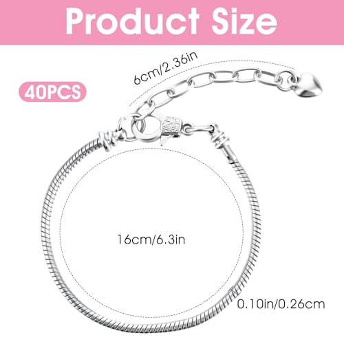 40pcs Snake Chain Charm Bracelet Chains Kit 2.6mm Adjustable Snake Charm Bracelet with Heart Lobster Clasp Extender Chain DIY Bracelets Chains for Christmas Women Gifts DIY Jewelry Making Supplies