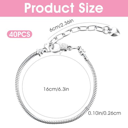 40pcs Snake Chain Charm Bracelet Chains Kit 2.6mm Adjustable Snake Charm Bracelet with Heart Lobster Clasp Extender Chain DIY Bracelets Chains for Christmas Women Gifts DIY Jewelry Making Supplies